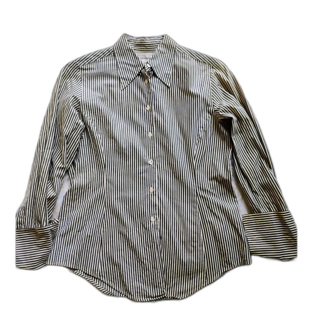 Womens Banana Republic 100% Cotton Cream/ Gray Striped Tailored Button Shirt - S